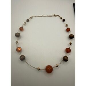 Gold Tone Multi Strand Floating Bead Necklace Wood Amber Resin Earthy Boho 21"